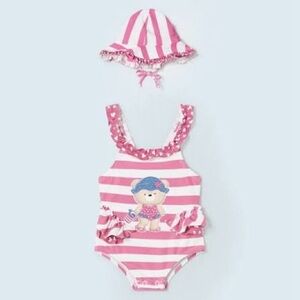 Size 6-9 months Mayoral Pink and White Striped Kids Swim One Piece
